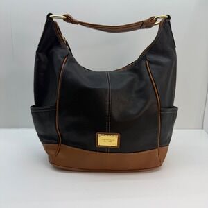Tignanello Black Brown Pebbled Leather Hobo Shoulder Bag Gold Hardware